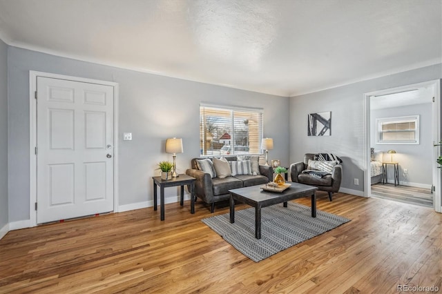 living room featuring light wood-type flooring and baseboards