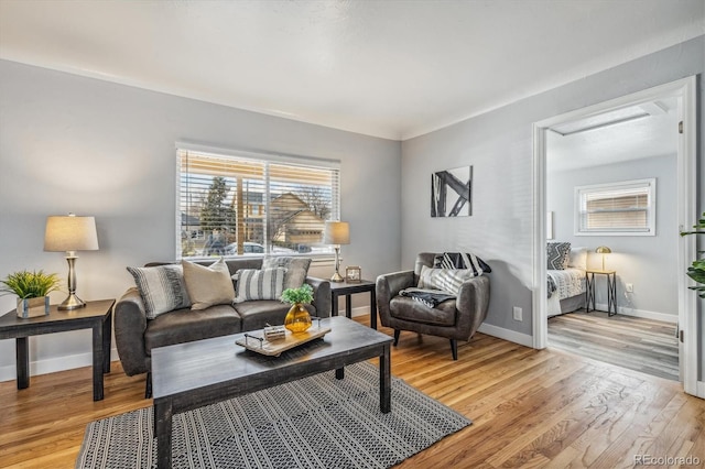 living room with light wood-type flooring and baseboards