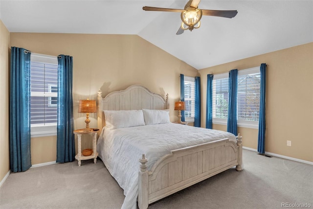 30 Stewart Way, Erie, CO 80516 - carpeted bedroom featuring ceiling fan, lofted ceiling, baseboards, and visible vents