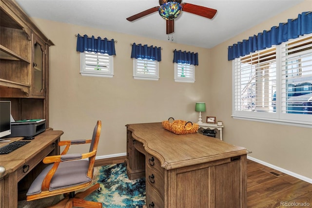 30 Stewart Way, Erie, CO 80516 - office featuring a wealth of natural light, baseboards, a ceiling fan, and dark wood finished floors