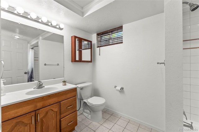 3118 E San Miguel St, Colorado Springs, CO 80909 - full bathroom featuring a shower with curtain, vanity, toilet, tile patterned flooring, and baseboards