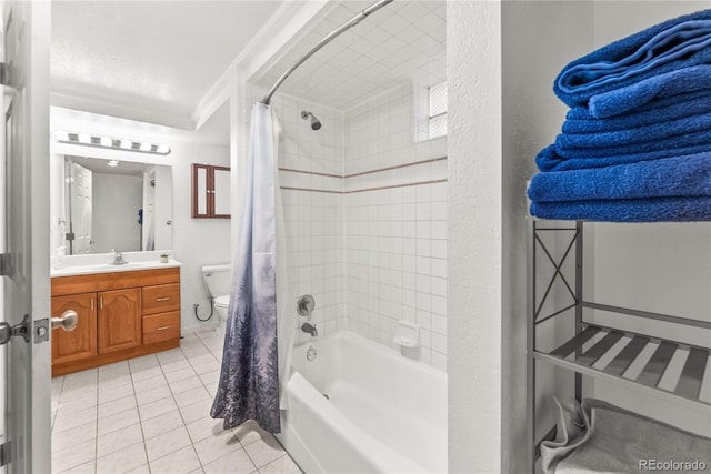 3118 E San Miguel St, Colorado Springs, CO 80909 - full bath with vanity, shower / tub combo with curtain, tile patterned floors, toilet, and crown molding