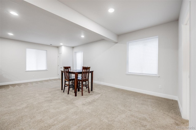 5651 Gore Creek Pl, Brighton, CO 80601 - carpeted dining space featuring recessed lighting and beam ceiling