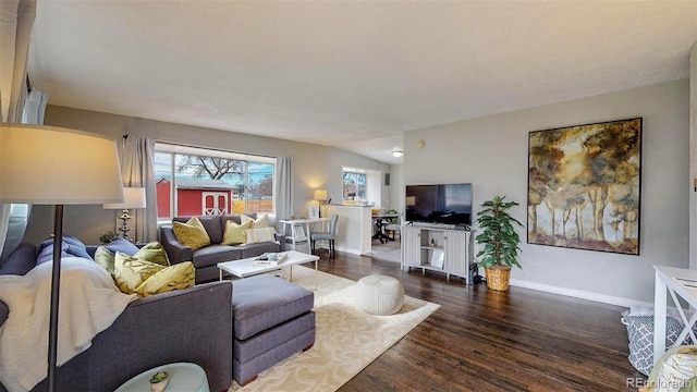 living room featuring lofted ceiling and dark hardwood / wood-style flooring