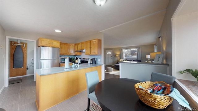28 W Broadmoor Dr, Littleton, CO 80120 - kitchen with under cabinet range hood, light countertops, baseboards, a peninsula, and appliances with stainless steel finishes