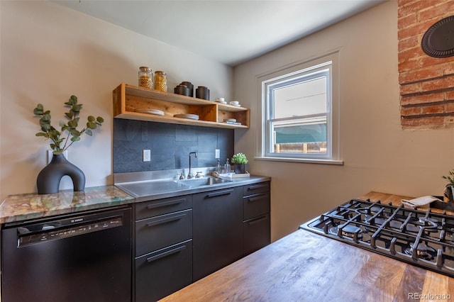 604 W 1st St, Salida, CO 81201 - kitchen featuring dishwasher, stainless steel counters, a sink, stovetop, and open shelves
