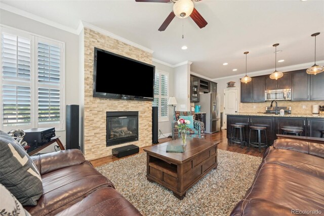 7902 E 49th Pl, Denver, CO 80238 - living room featuring ceiling fan, dark wood finished floors, a fireplace, crown molding, and recessed lighting