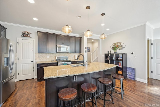 7902 E 49th Pl, Denver, CO 80238 - kitchen featuring stainless steel appliances, backsplash, light stone countertops, dark brown cabinets, and dark wood-style floors