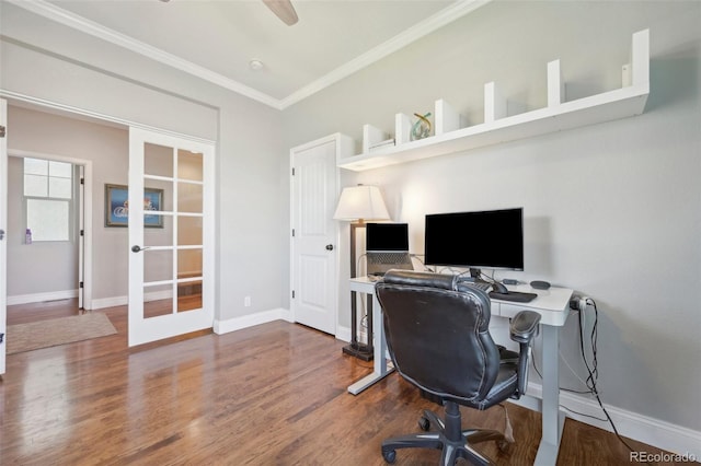 7902 E 49th Pl, Denver, CO 80238 - office with french doors, wood finished floors, ornamental molding, and a ceiling fan