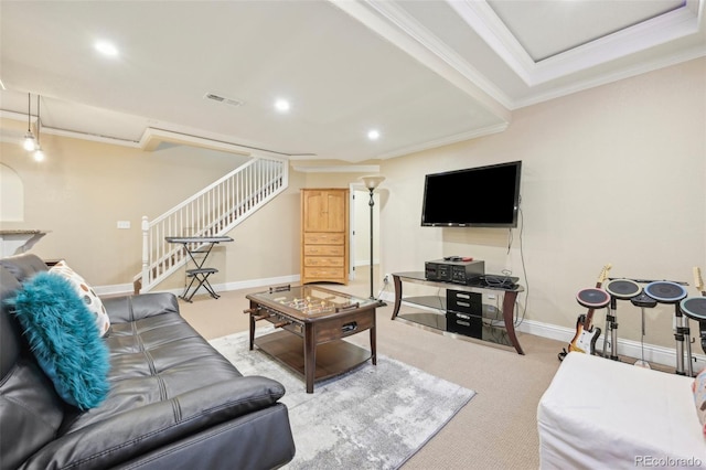 7902 E 49th Pl, Denver, CO 80238 - carpeted living room featuring crown molding, stairway, and recessed lighting