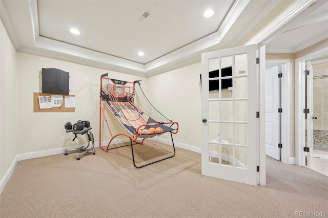 7902 E 49th Pl, Denver, CO 80238 - exercise room featuring carpet flooring, ornamental molding, a raised ceiling, recessed lighting, and french doors