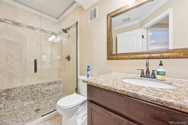 7902 E 49th Pl, Denver, CO 80238 - bathroom featuring crown molding, vanity, and a stall shower