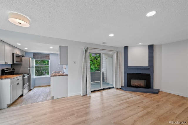 8378 S Upham Way Unit B205, Littleton, CO 80128 - kitchen featuring appliances with stainless steel finishes, a textured ceiling, light wood finished floors, baseboards, and a fireplace