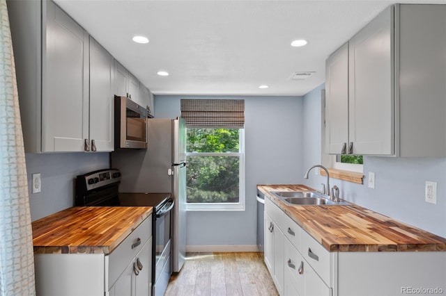 8378 S Upham Way Unit B205, Littleton, CO 80128 - kitchen featuring wood counters, appliances with stainless steel finishes, a sink, light wood-type flooring, and recessed lighting