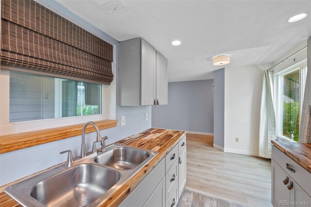 8378 S Upham Way Unit B205, Littleton, CO 80128 - kitchen with butcher block counters, a sink, recessed lighting, light wood-style floors, and baseboards