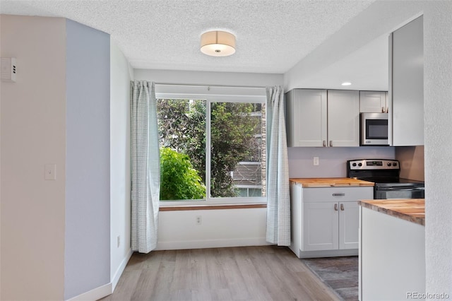 8378 S Upham Way Unit B205, Littleton, CO 80128 - kitchen featuring wooden counters, range with electric stovetop, stainless steel microwave, light wood finished floors, and plenty of natural light