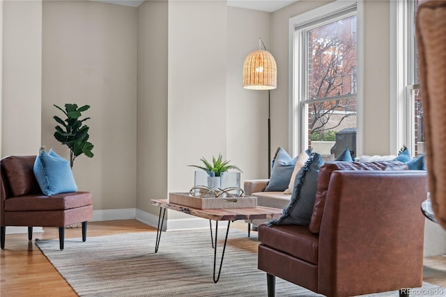 sitting room featuring baseboards, plenty of natural light, and wood finished floors