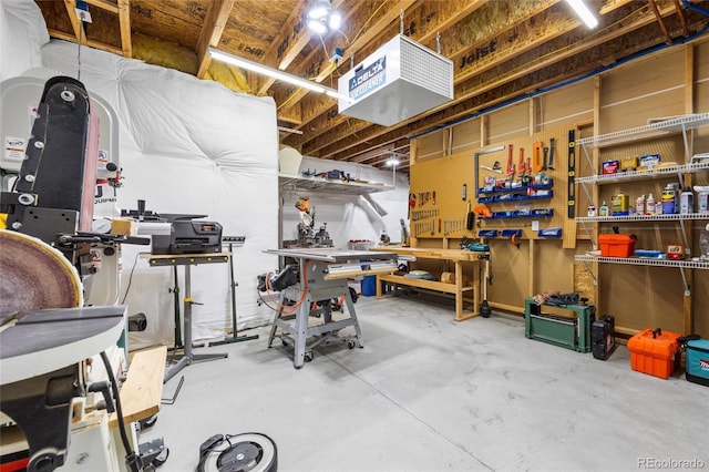 basement with a workshop area