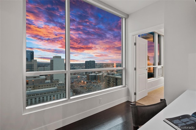 interior space featuring a view of city, baseboards, and wood finished floors