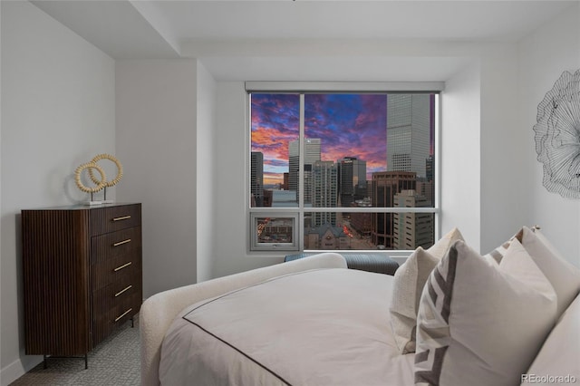 bedroom featuring carpet and a view of city