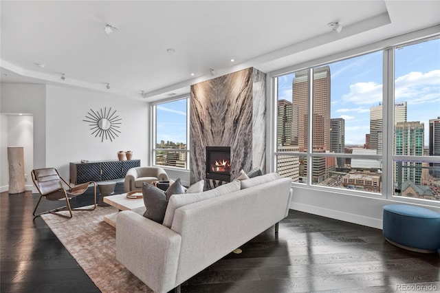 living area featuring dark wood-style floors, a city view, a fireplace, a raised ceiling, and baseboards