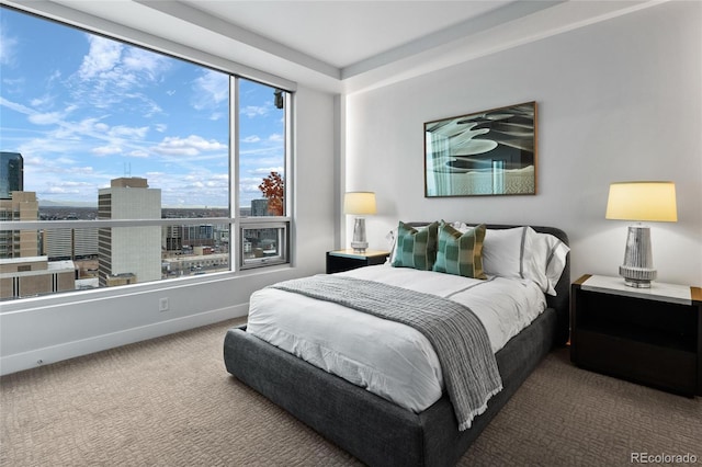 carpeted bedroom featuring a view of city and baseboards