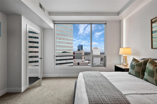 bedroom featuring carpet, a city view, visible vents, and baseboards