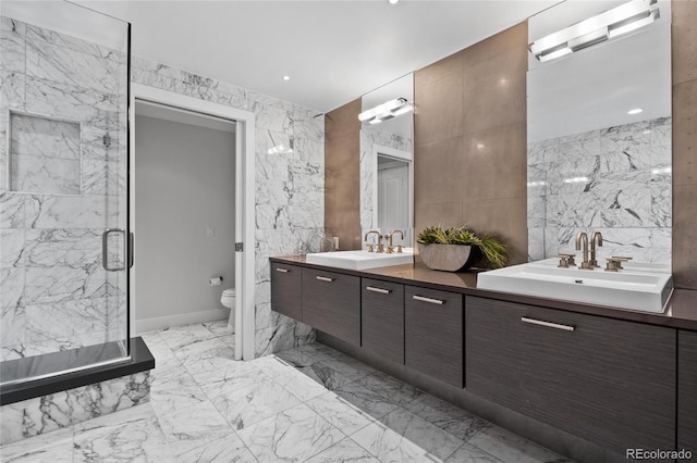 bathroom with a sink, stone wall, and tile walls