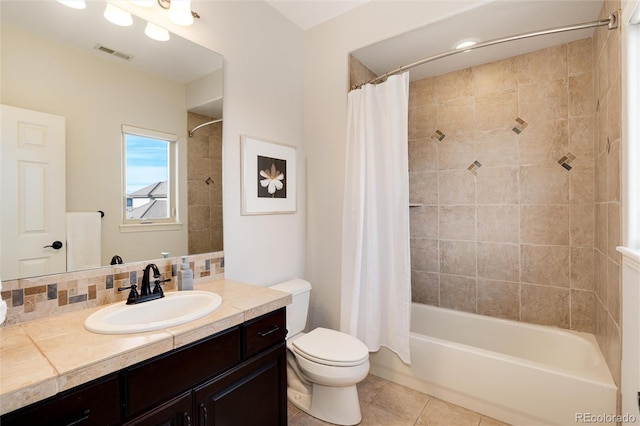 full bathroom with backsplash, vanity, toilet, shower / bathtub combination with curtain, and tile patterned floors