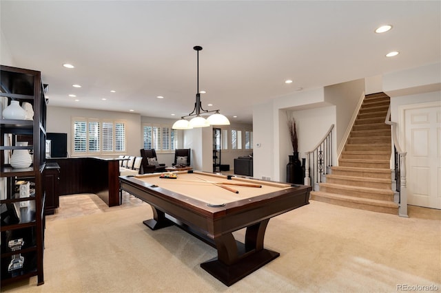 rec room with light carpet and billiards