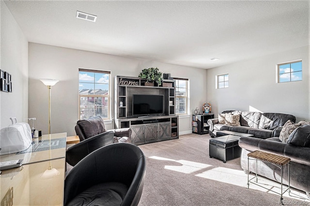 carpeted living room featuring a textured ceiling