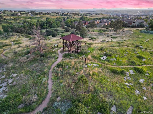 view of aerial view at dusk