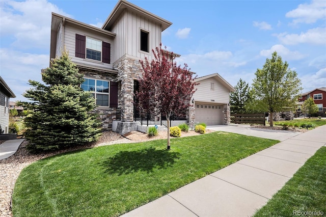 11898 Discovery Cir, Parker, CO 80138 - view of front facade featuring stone siding, board and batten siding, concrete driveway, and an attached garage