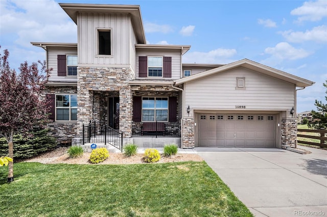 11898 Discovery Cir, Parker, CO 80138 - view of front of home featuring stone siding, driveway, board and batten siding, and a garage