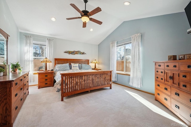 bedroom with vaulted ceiling, recessed lighting, light carpet, and baseboards