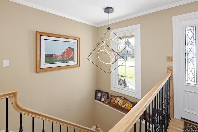 staircase with a wealth of natural light, wood finished floors, and ornamental molding