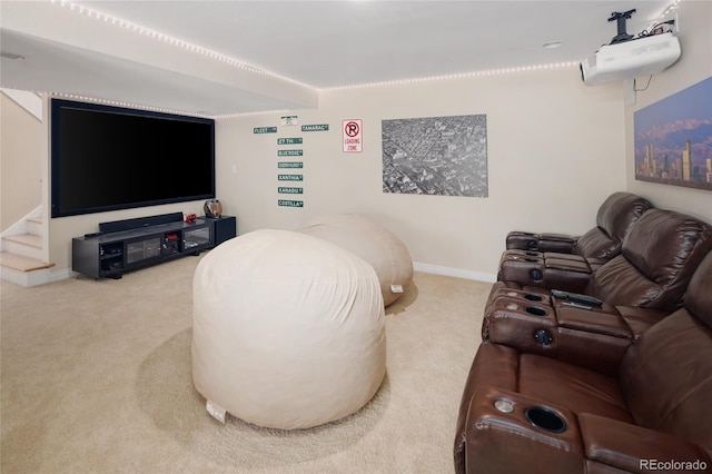 living room featuring stairway, baseboards, and carpet