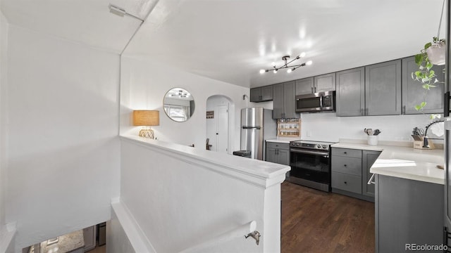 kitchen featuring sink, dark hardwood / wood-style floors, kitchen peninsula, gray cabinets, and appliances with stainless steel finishes