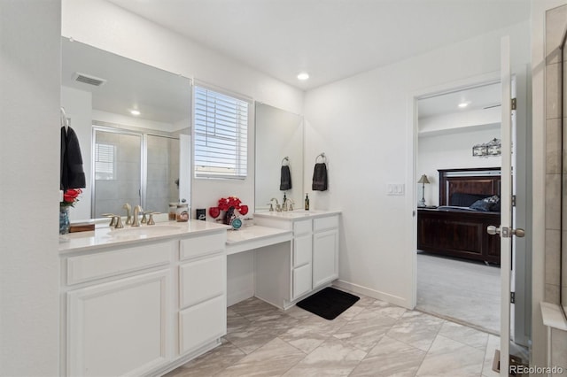 full bathroom with ensuite bath, a stall shower, vanity, recessed lighting, and marble look tile flooring