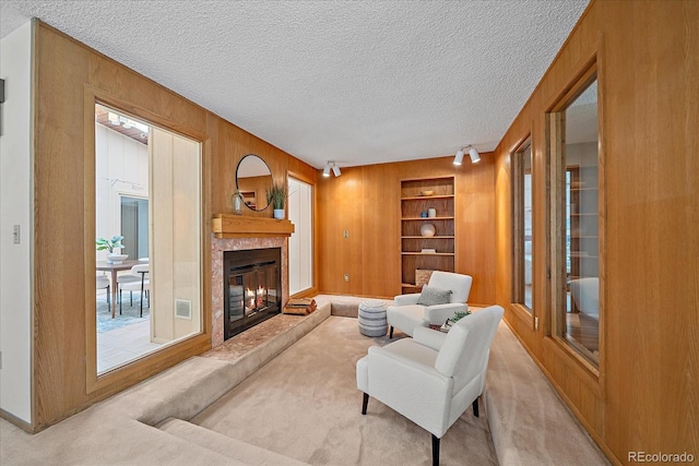 31 Irene Ct, Broomfield, CO 80020 - carpeted living room with wooden walls, a textured ceiling, a glass covered fireplace, built in shelves, and healthy amount of natural light