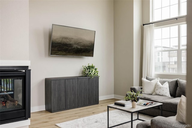 living room with wood finished floors, baseboards, and a multi sided fireplace