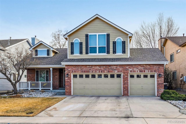 traditional-style home with covered porch, concrete driveway, brick siding, and roof with shingles