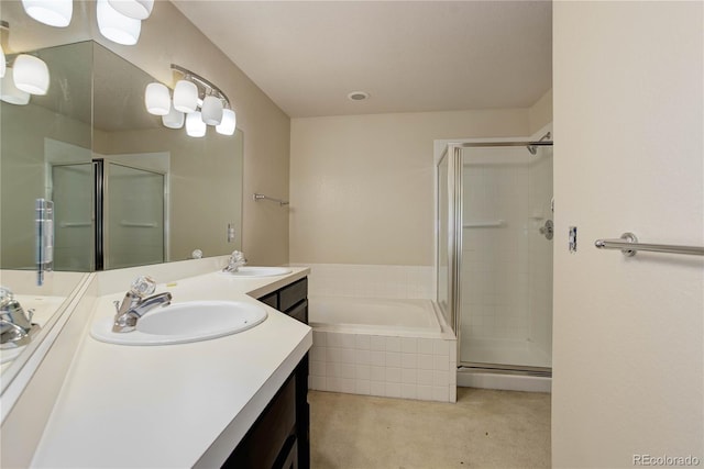 bathroom featuring independent shower and bath and vanity