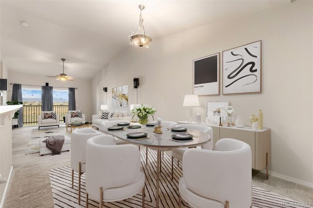 2405 Calais Dr Unit 18A, Longmont, CO 80504 - carpeted dining area with ceiling fan, baseboards, and high vaulted ceiling
