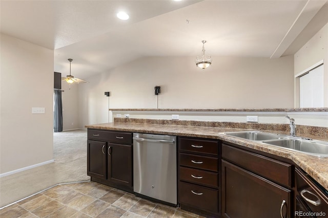 2405 Calais Dr Unit 18A, Longmont, CO 80504 - kitchen with stainless steel dishwasher, a sink, vaulted ceiling, dark brown cabinetry, and light colored carpet