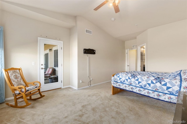 2405 Calais Dr Unit 18A, Longmont, CO 80504 - bedroom featuring carpet flooring, lofted ceiling, baseboards, and ceiling fan