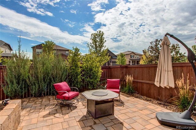 view of patio / terrace with a fenced backyard and a fire pit