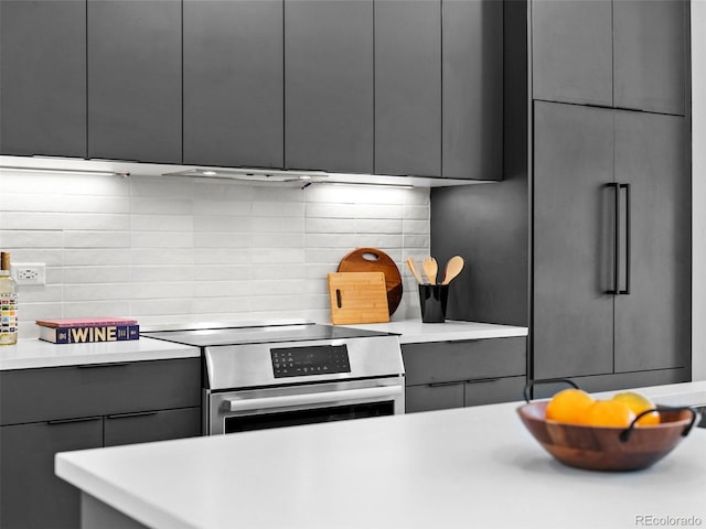 1601 Park Ave Unit 212, Denver, CO 80218 - kitchen featuring electric range, light countertops, gray cabinets, tasteful backsplash, and modern cabinets