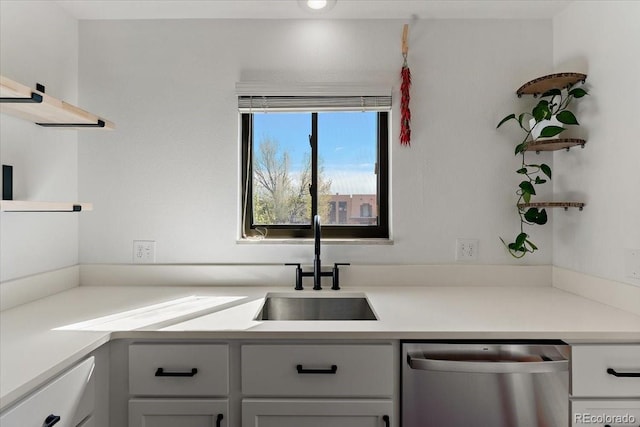 2979 Mesa Rd Unit D, Colorado Springs, CO 80904 - kitchen featuring stainless steel dishwasher, a sink, light countertops, white cabinetry, and open shelves