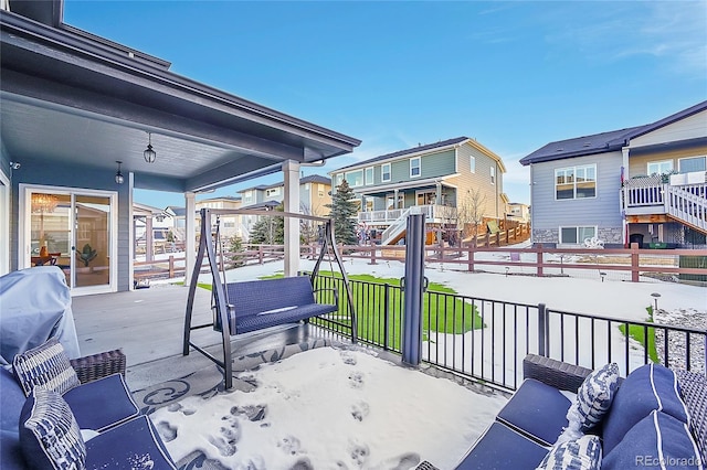 view of patio / terrace with area for grilling, a residential view, and a balcony